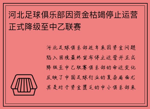 河北足球俱乐部因资金枯竭停止运营正式降级至中乙联赛