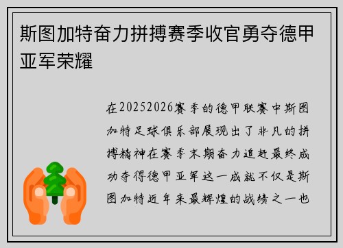 斯图加特奋力拼搏赛季收官勇夺德甲亚军荣耀 斯图加特奋力拼搏赛季收官勇夺德甲亚军荣耀